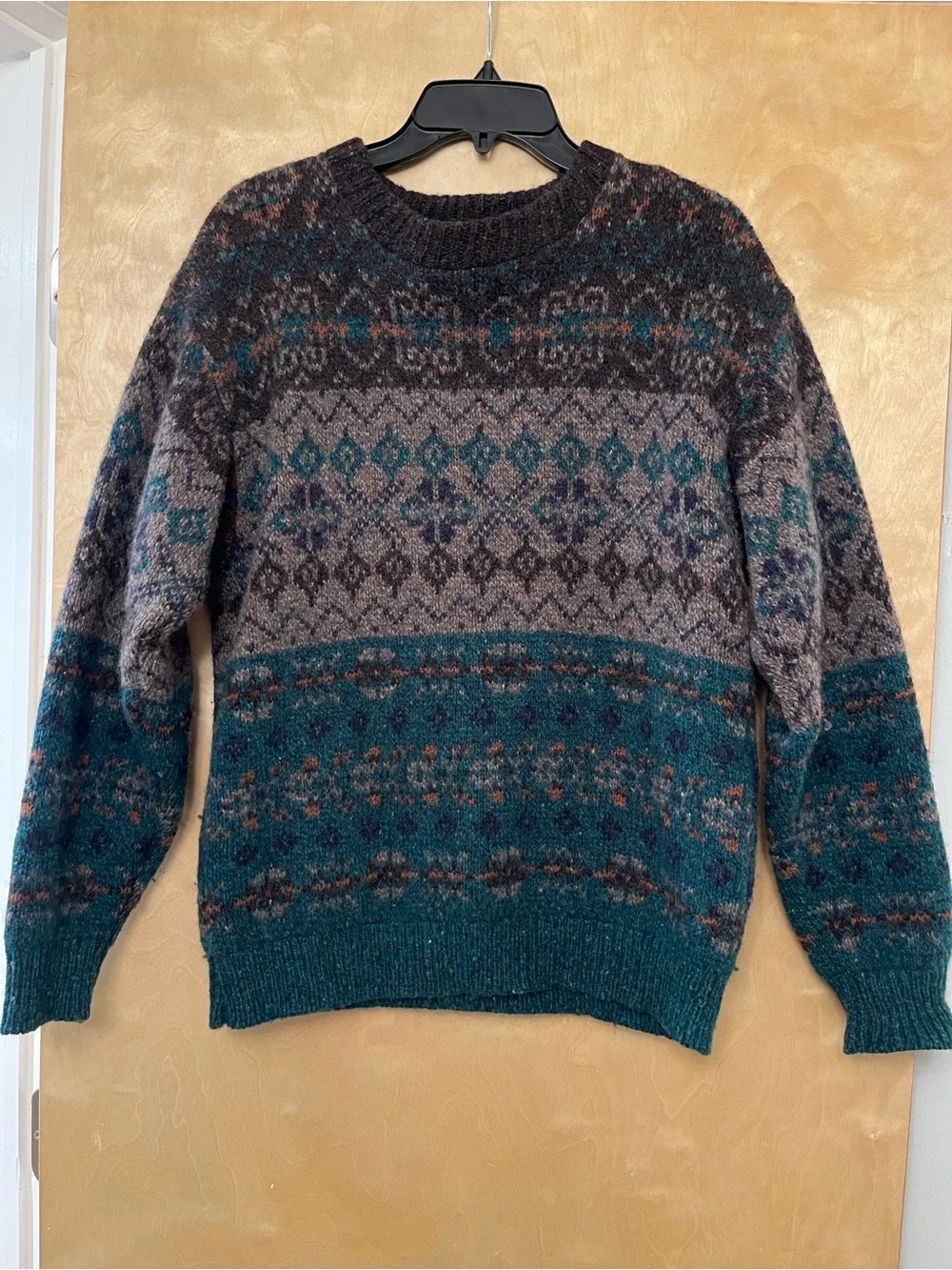 Vintage Men's Torquoise and Brown Patterned Crewneck Sweater
